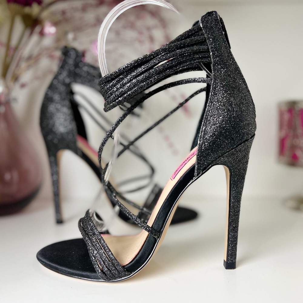 Betsey Johnson Kora Black Glitter Ankle Strap Heels